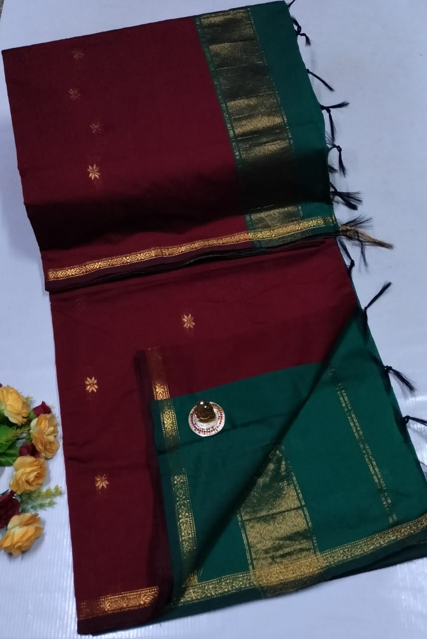 marron and green saree with gold border on a white background. Premium Maheshwari Silk Cotton Sarees Gadwal-Inspired | Sleek Dual Borders | Contrast Pallu & Blouse.