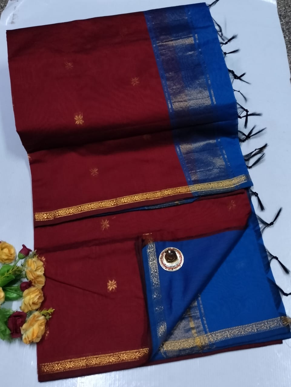 Red and blue saree with gold border on a white background. Premium Maheshwari Silk Cotton Sarees Gadwal-Inspired | Sleek Dual Borders | Contrast Pallu & Blouse.