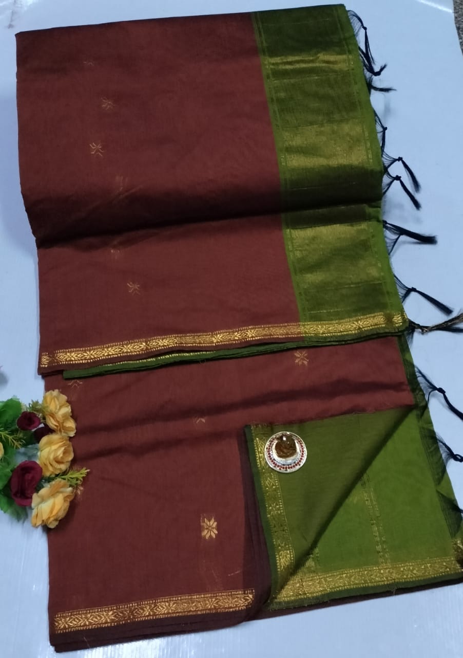 Brown and green saree with gold border on a white background. Premium Maheshwari Silk Cotton Sarees Gadwal-Inspired | Sleek Dual Borders | Contrast Pallu & Blouse.