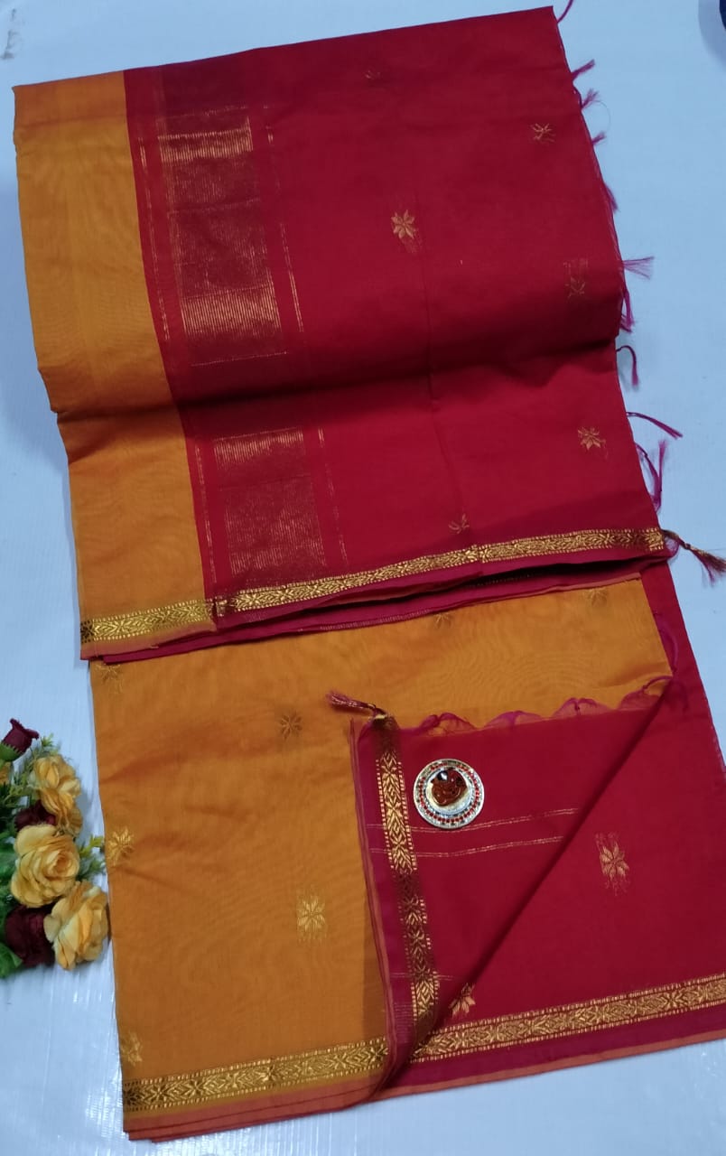 Red and orange saree with gold border on a white background. Premium Maheshwari Silk Cotton Sarees Gadwal-Inspired | Sleek Dual Borders | Contrast Pallu & Blouse.