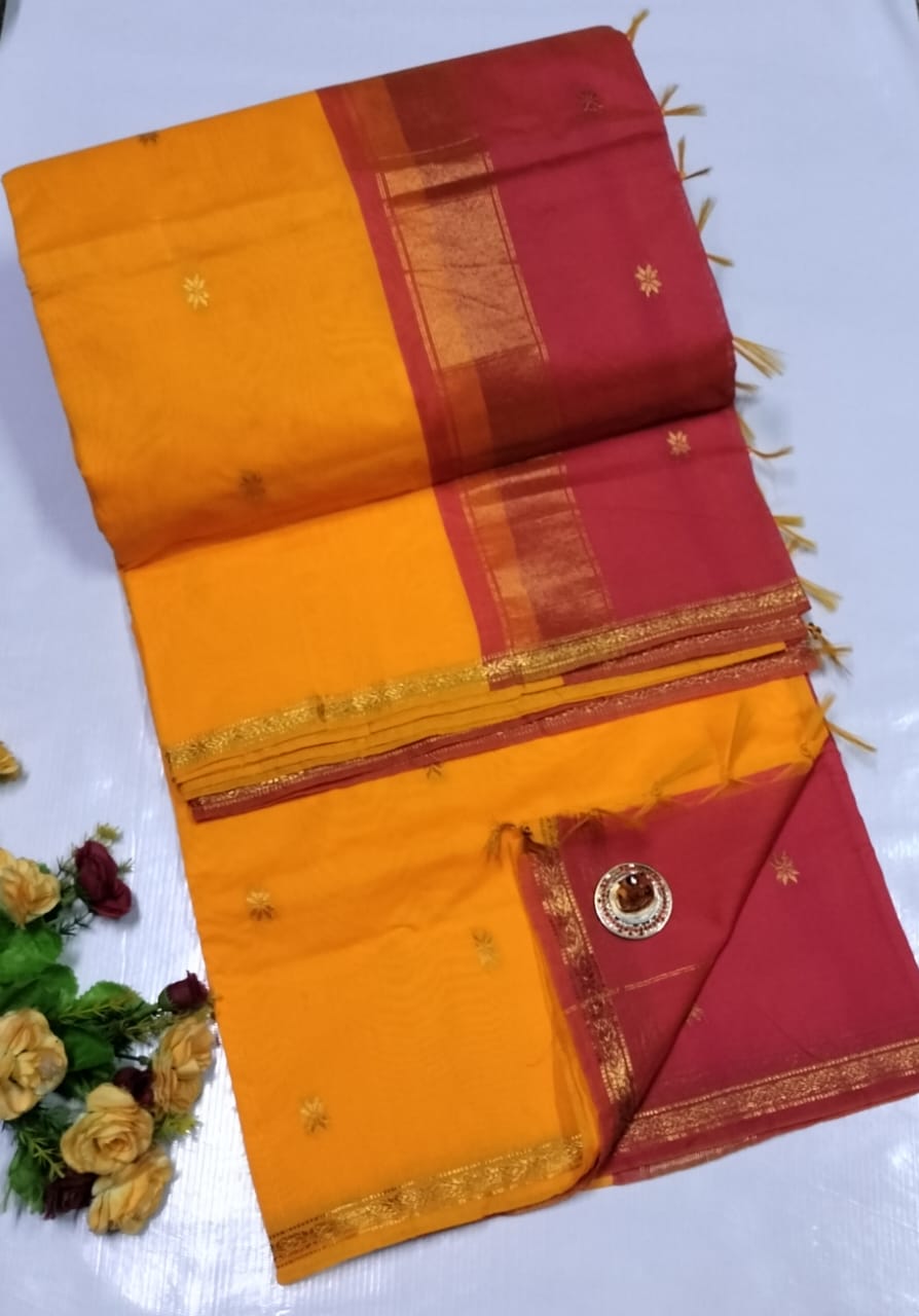 Red and orange saree with gold border on a white background. Premium Maheshwari Silk Cotton Sarees Gadwal-Inspired | Sleek Dual Borders | Contrast Pallu & Blouse.