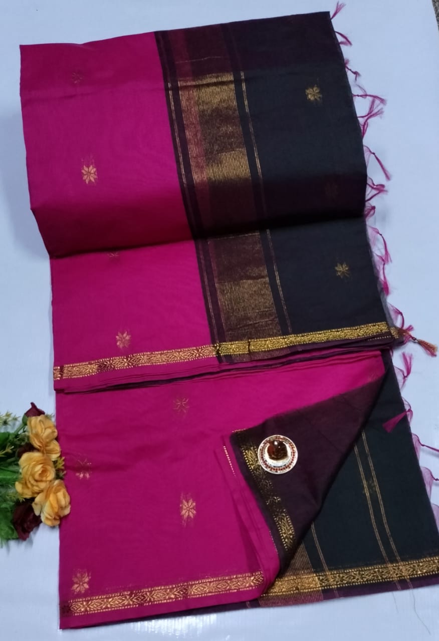Black and pink saree with gold border on a white background. Premium Maheshwari Silk Cotton Sarees Gadwal-Inspired | Sleek Dual Borders | Contrast Pallu & Blouse.