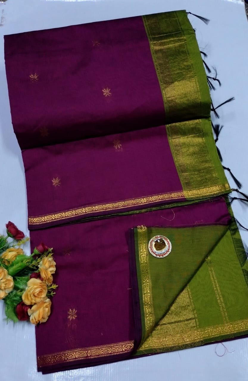 Purple and green saree with gold border on a white background. Premium Maheshwari Silk Cotton Sarees Gadwal-Inspired | Sleek Dual Borders | Contrast Pallu &amp; Blouse.