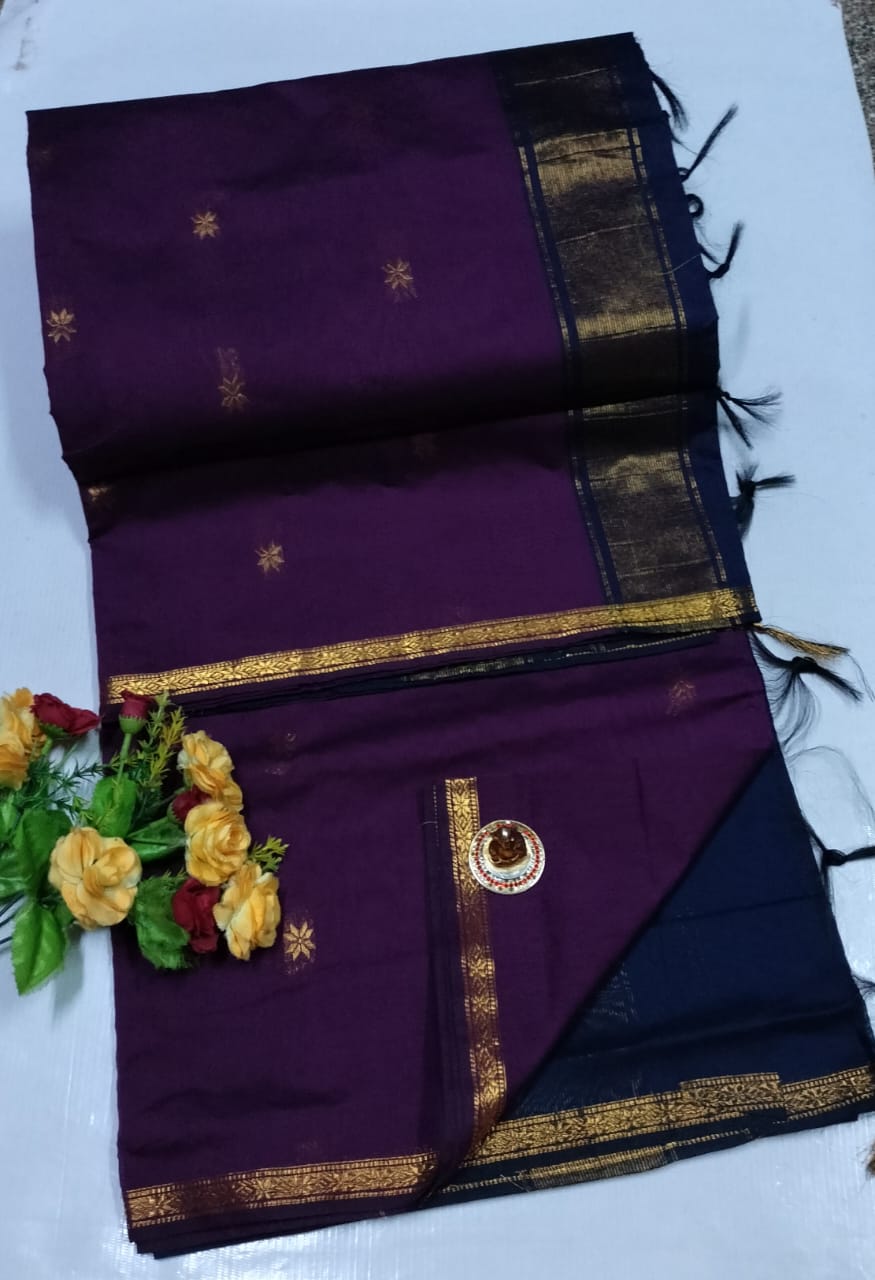 Purple saree with gold border and floral decorations on a white . Premium Maheshwari Silk Cotton Sarees Gadwal-Inspired | Sleek Dual Borders | Contrast Pallu &amp; Blouse.background