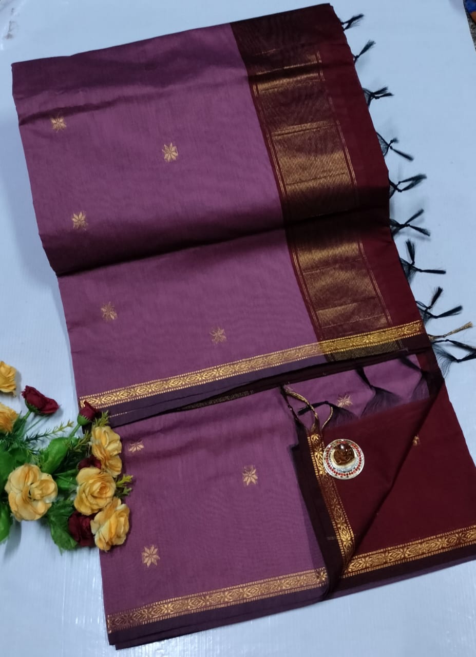 Purple saree with gold border on a white background. Premium Maheshwari Silk Cotton Sarees Gadwal-Inspired | Sleek Dual Borders | Contrast Pallu & Blouse.