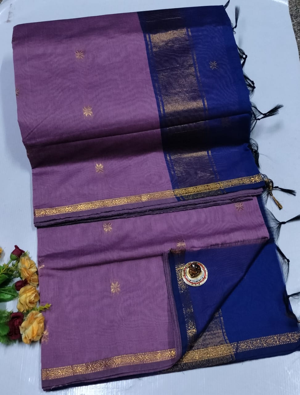 Purple and blue saree with gold border on a white background. Premium Maheshwari Silk Cotton Sarees Gadwal-Inspired | Sleek Dual Borders | Contrast Pallu & Blouse.