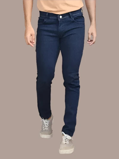 Stylish Dark Blue Denim Solid Mid-Rise Jeans For Men