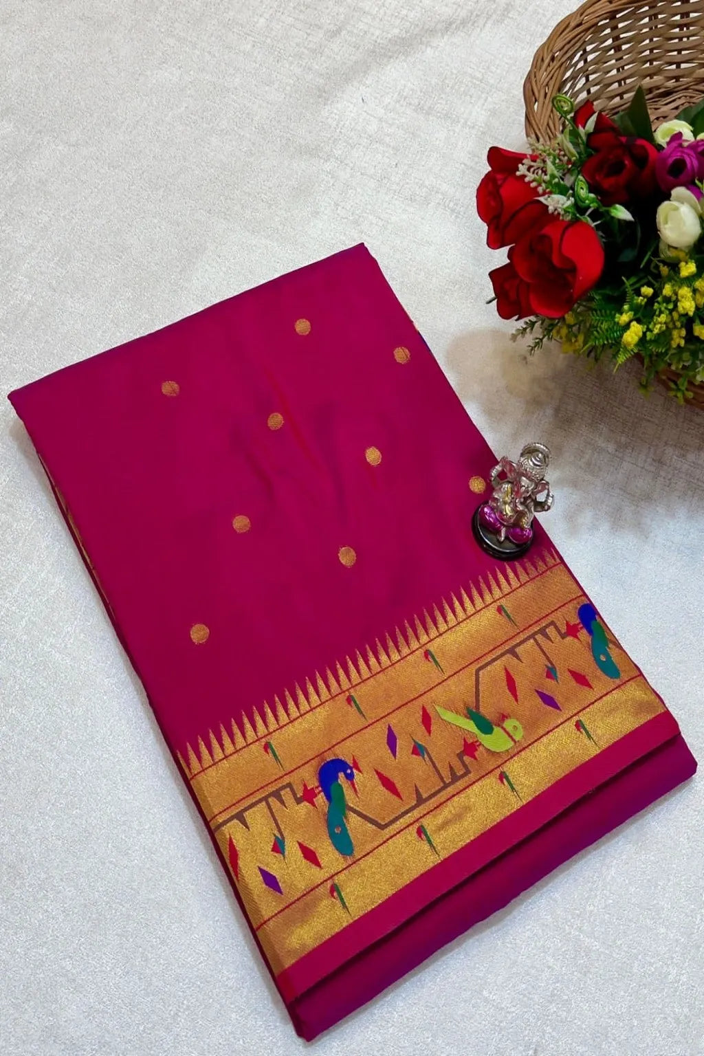 Shop premium Katan Silk Semi Mor & Popat Brocade Paithani Saree with traditional peacock and parrot pallu design and all-over zari butti. Perfect for weddings & festive wear.