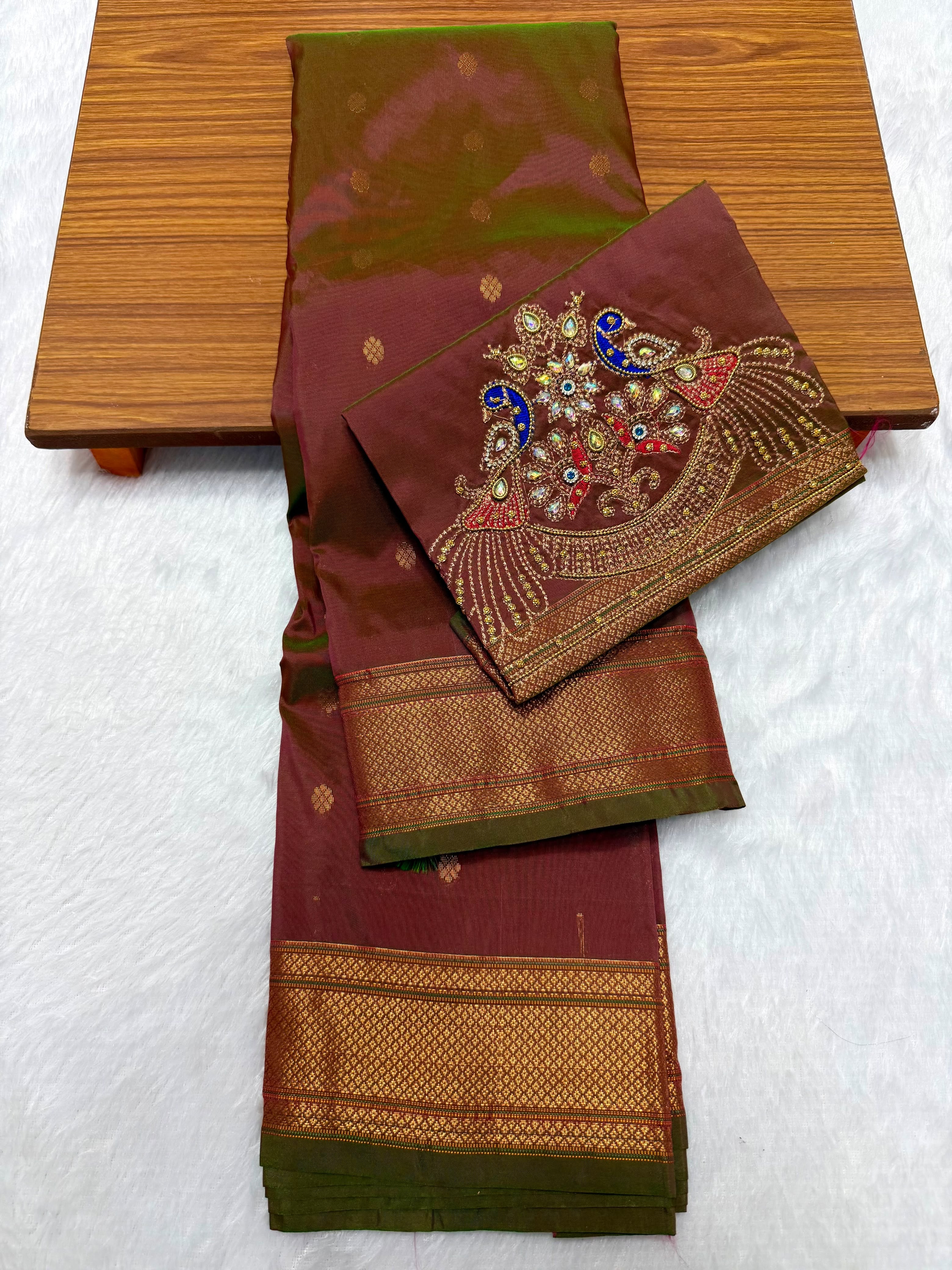 Shop elegant Pure Silk Copy Kalanjali Paithani Sarees featuring all-over butti design, rich pallu, premium Tana silk fabric, and exquisite Aari work blouse piece. Premium quality ethnic wear for weddings, festivals, and special occasions.