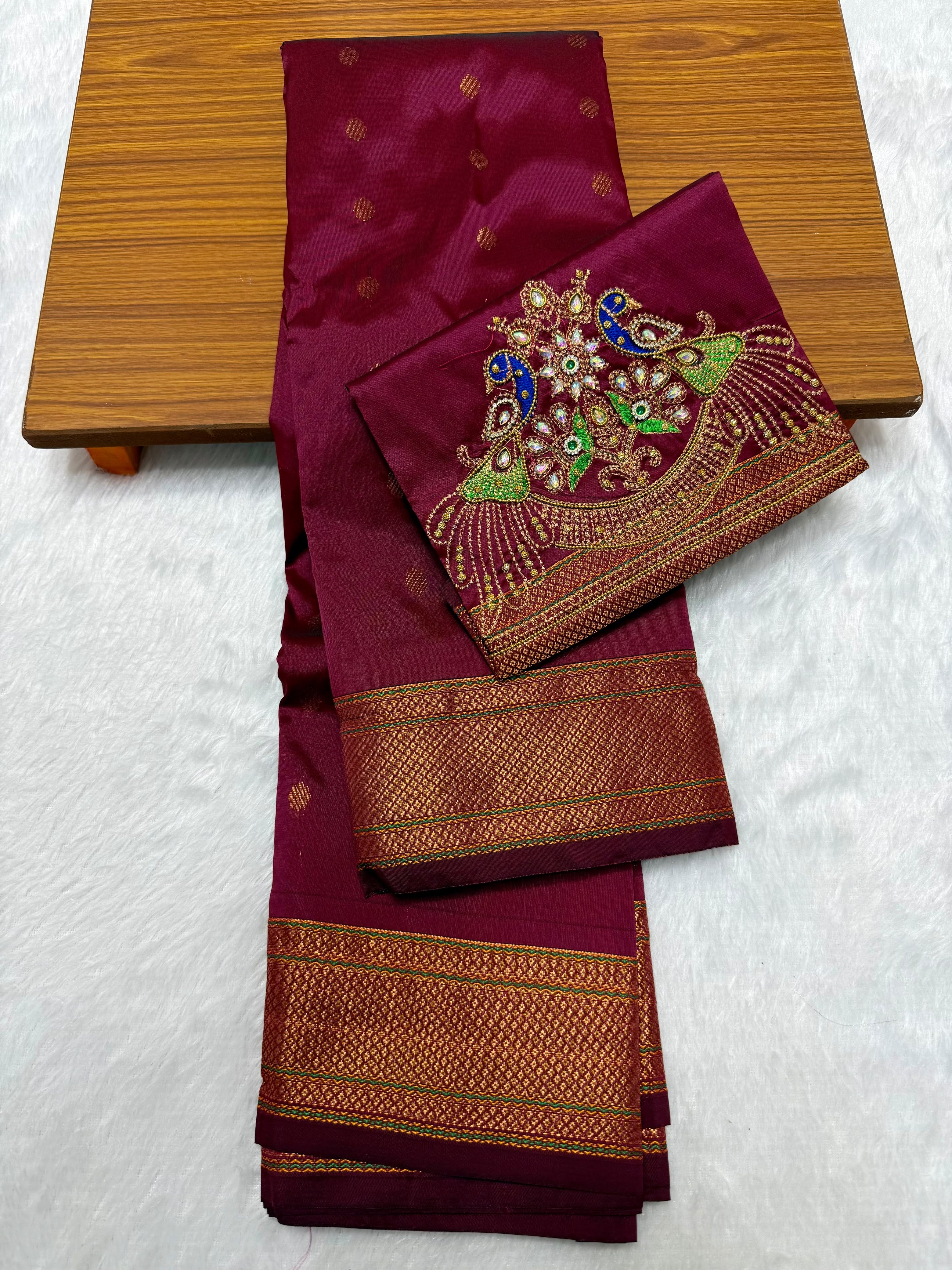 Shop elegant Pure Silk Copy Kalanjali Paithani Sarees featuring all-over butti design, rich pallu, premium Tana silk fabric, and exquisite Aari work blouse piece. Premium quality ethnic wear for weddings, festivals, and special occasions.