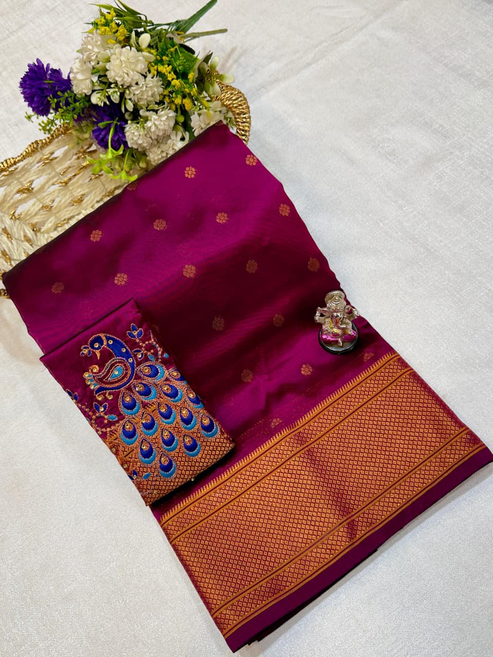 The beautiful traditional Paithani pallu enhances its royal appeal, while the exclusive designer running blouse piece completes the look. Perfect for weddings, festive celebrations, cultural events, and special occasions.