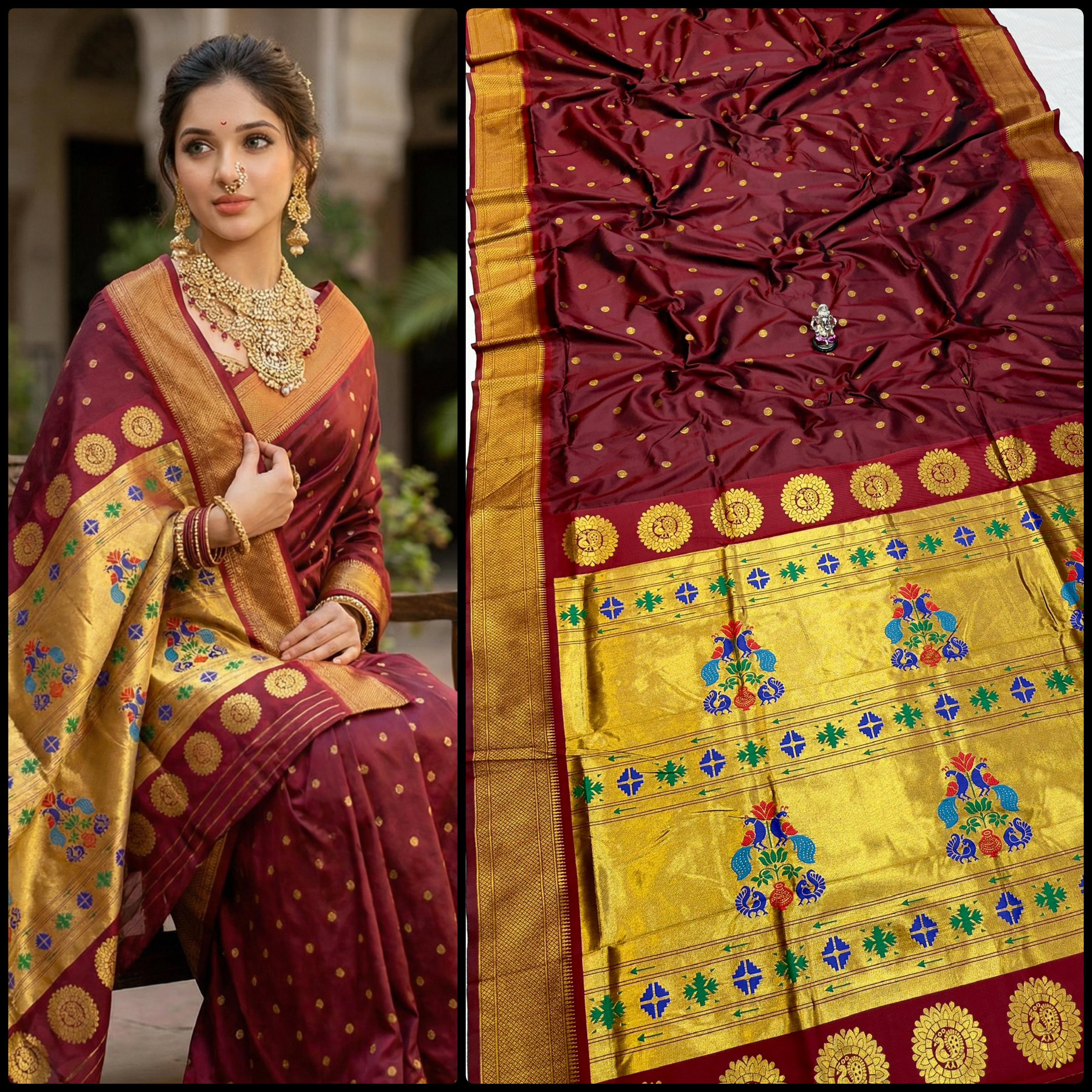 Shop Shloka Kalanjali Paithani Saree in Katan Silk with all-over zari butti, dual side border, and blouse piece. Perfect for weddings & festive wear.