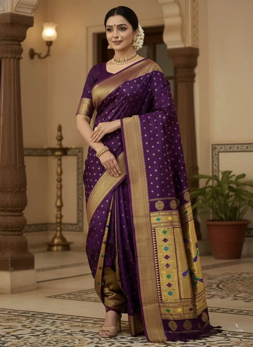 Shop premium Katan Silk Semi Mor & Popat Brocade Paithani Saree with traditional peacock and parrot pallu design and all-over zari butti. Perfect for weddings & festive wear.