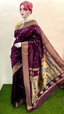 Traditional Kadiyal Paithani Saree,  Pallu Meena Butti with Contrast Running Blouse Maroon