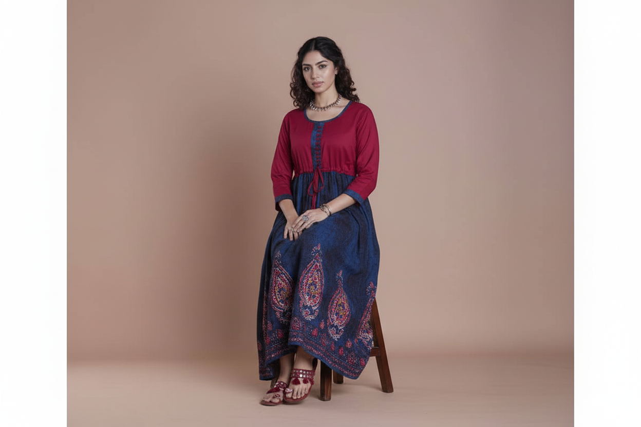 This Dark Navy Blue Anarkali dress features a stunning gold design and a maroon top, adding a pop of color. Made from high-quality materials, it offers both comfort and style. Perfect for any special occasion, this dress will make you stand out with its elegant and unique design.