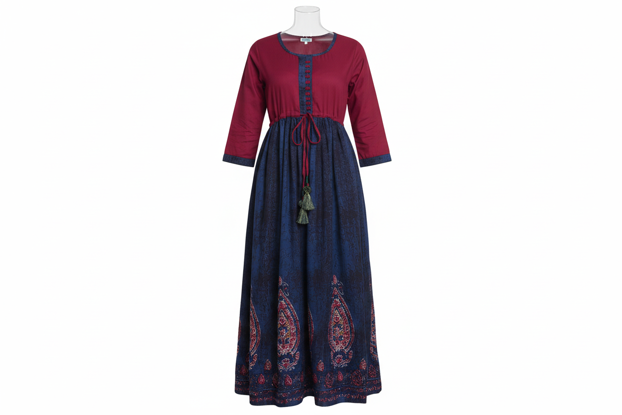This Dark Navy Blue Anarkali dress features a stunning gold design and a maroon top, adding a pop of color. Made from high-quality materials, it offers both comfort and style. Perfect for any special occasion, this dress will make you stand out with its elegant and unique design.
