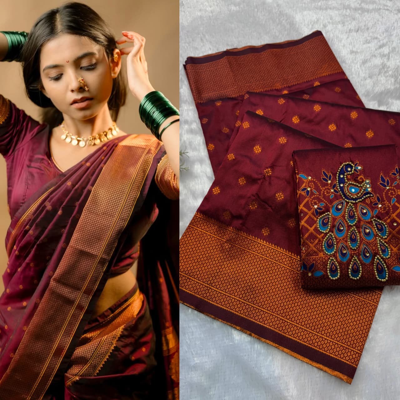 Shop New Sonali Kalanjali Paithani Saree in premium soft silk with rich buttis, peacock Maharani pallu and Aariwork Swarovski blouse. Perfect for festivals and weddings.
