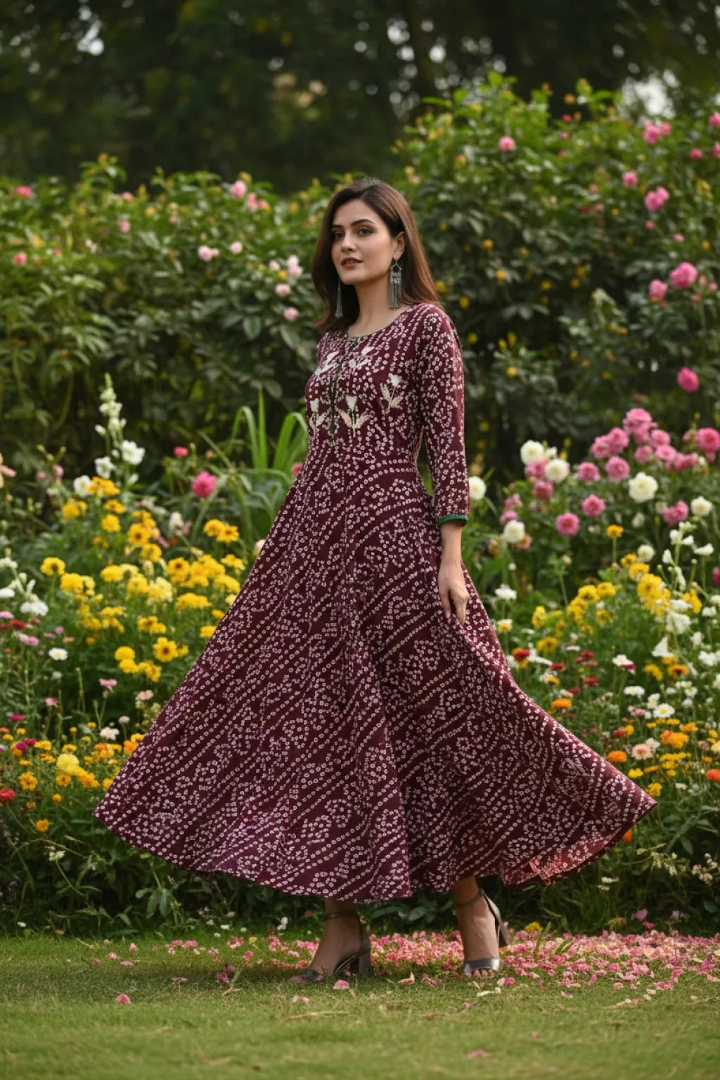 Shop stylish maroon cotton Bandhej printed flared long kurti for women. Elegant ethnic design with comfortable fabric, available in M, L, XL. Perfect for festive and casual wear.