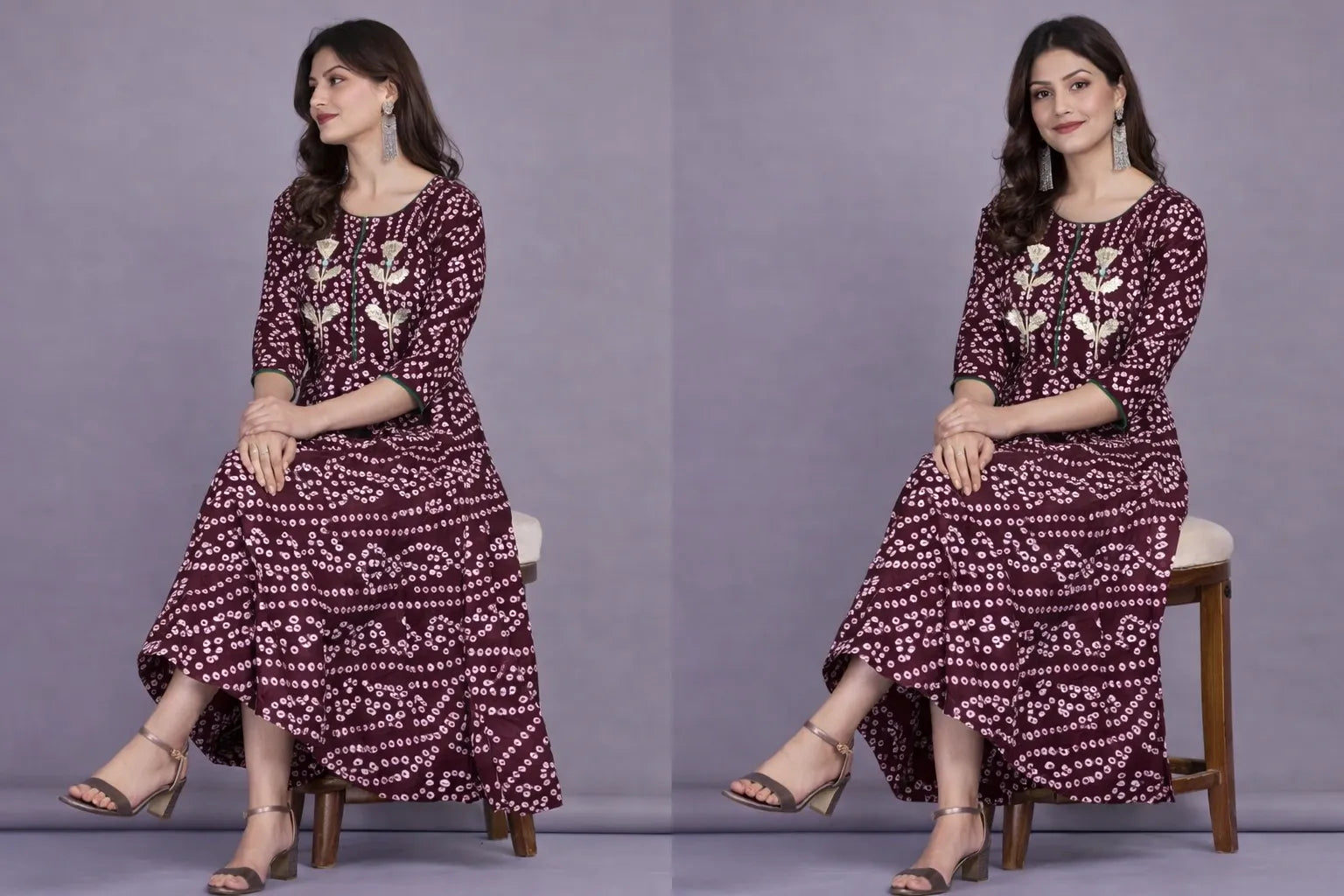 Shop stylish maroon cotton Bandhej printed flared long kurti for women. Elegant ethnic design with comfortable fabric, available in M, L, XL. Perfect for festive and casual wear.
