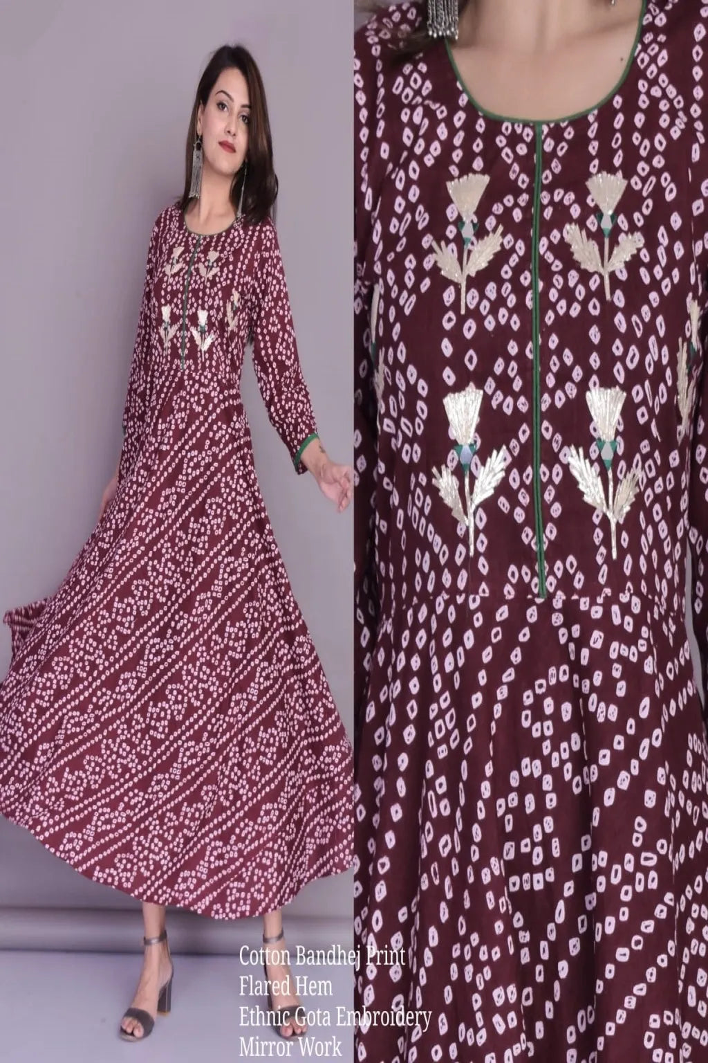 Shop stylish maroon cotton Bandhej printed flared long kurti for women. Elegant ethnic design with comfortable fabric, available in M, L, XL. Perfect for festive and casual wear.