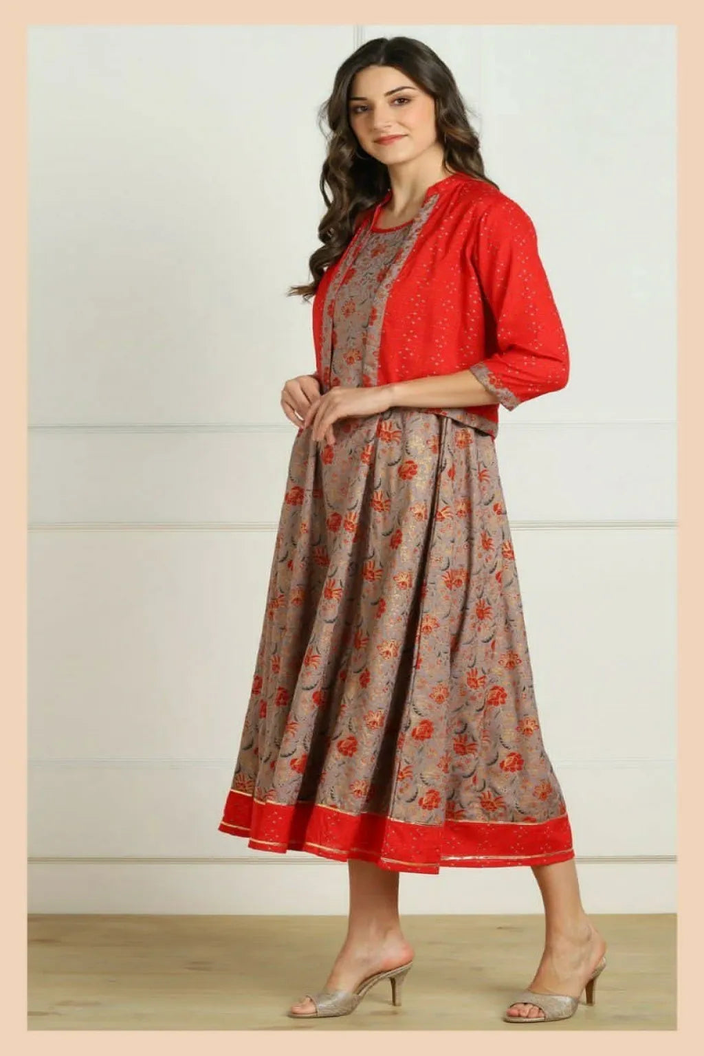 Buy stylish maroon rayon long kurti with jacket featuring ethnic prints, flared hem and box pleats. Comfortable premium rayon fabric available in M to XXL. Perfect for festive and casual wear.