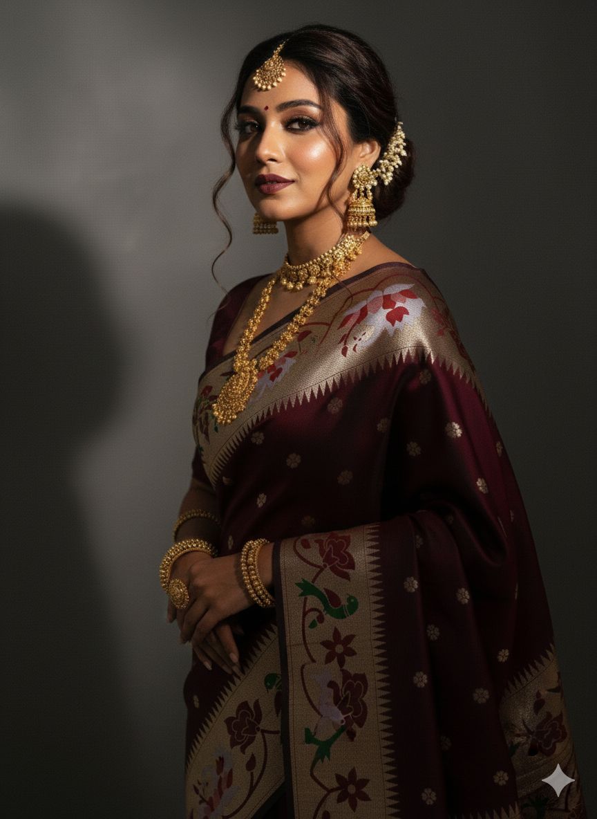 Experience timeless elegance with this Trending Rajhans Brocade Paithani Saree, crafted from premium pure soft silk. Designed with all-over traditional buttis and a luxurious 4/1 rich pallu, this saree reflects royal Maharashtrian craftsmanship. Comes with a matching running blouse piece, making it ideal for weddings, festive occasions, and traditional celebrations.