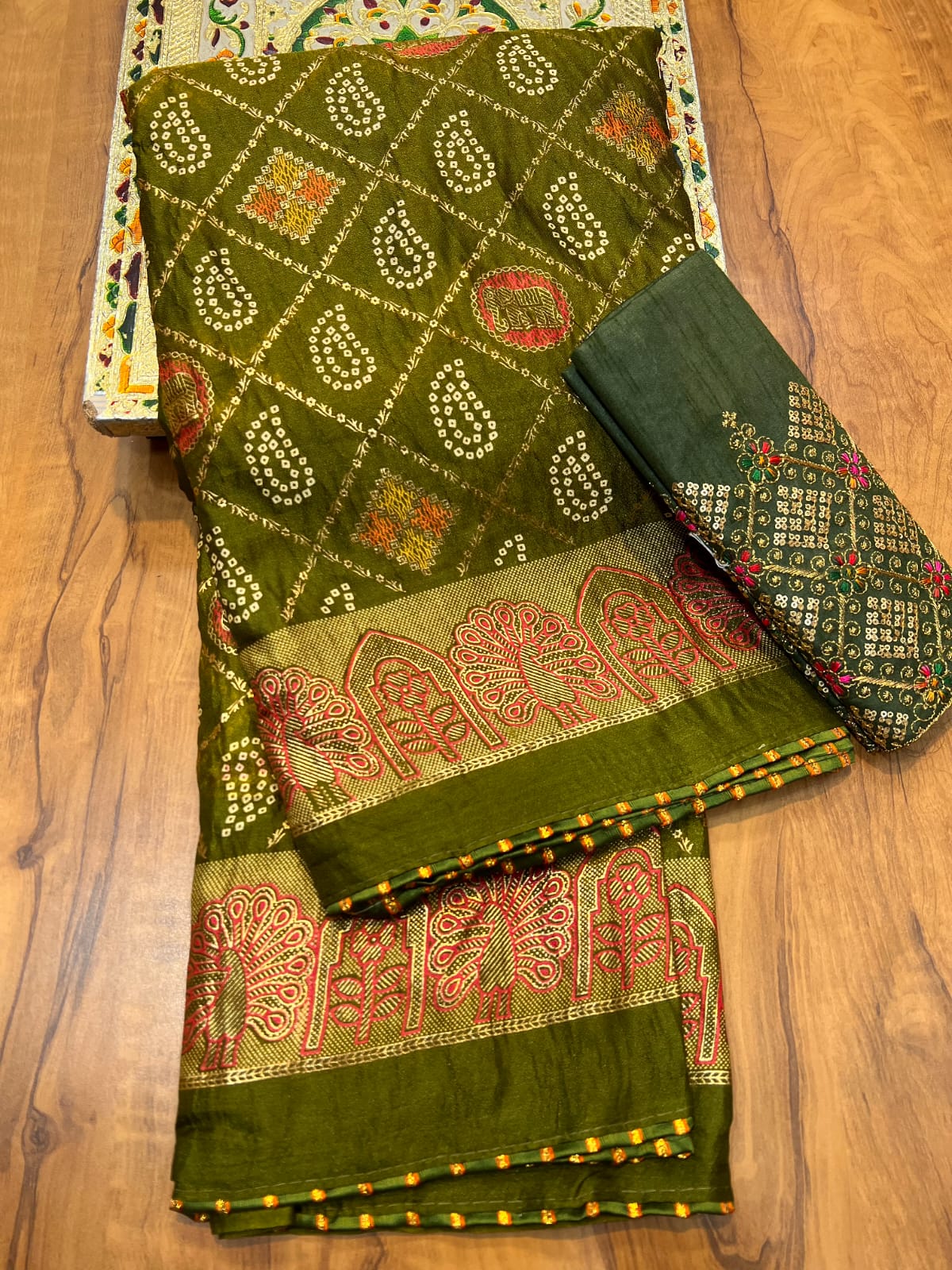 Dola Silk Printed Bandhej Saree with Stitched Border & Fancy Blouse