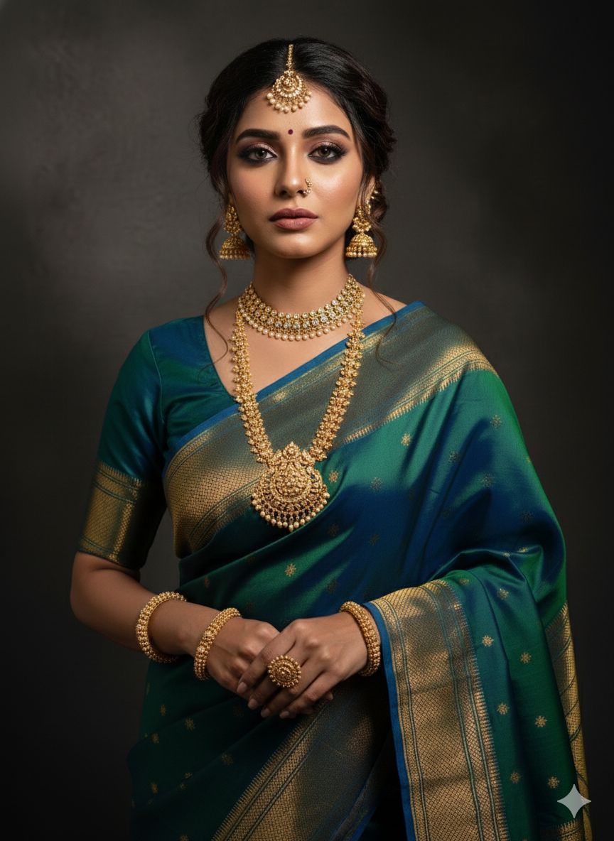 Traditional Tana Silk Kalanjali Paithani with rich Maharani pallu, crafted in premium pure soft silk. Featuring all-over Karnfuli butti, classic traditional border, and running blouse piece. A viral trending Paithani saree perfect for weddings, festivals, and special occasions.