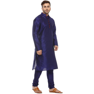 Navy Blue Silk Blend Solid Kurta Sets for Men