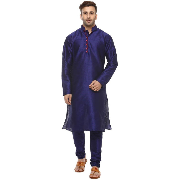 Navy Blue Silk Blend Solid Kurta Sets for Men