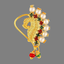 Load image into Gallery viewer, Traditional Gold Plated Tar Nose Ring Nathani Nath with Pearl CS. Traditional Wearing Gold Plated,Pearl With CZ,Tar Nose Ring (Tar)

Color: &nbsp;Golden
Ethenic : Nath, Nathani , Tar, Nose ring
Style: &nbsp;Pearls Studded
Material: &nbsp;Alloy
Stone Type: &nbsp;American Diamond
Length: 3.0 (in cm)
How to Wear - This is a clip on nath to put on left nostril of the nose. Just clip on the nose stud on left nostril and press the back side of nath nose ring and it will hook onto the nose.