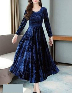 Navy Blue Printed Velvet Long Dress