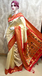 Traditional Kadiyal Paithani Saree,  Pallu Meena Butti with Contrast Running Blouse Off White