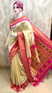 Traditional Kadiyal Paithani Saree,  Pallu Meena Butti with Contrast Running Blouse Off White