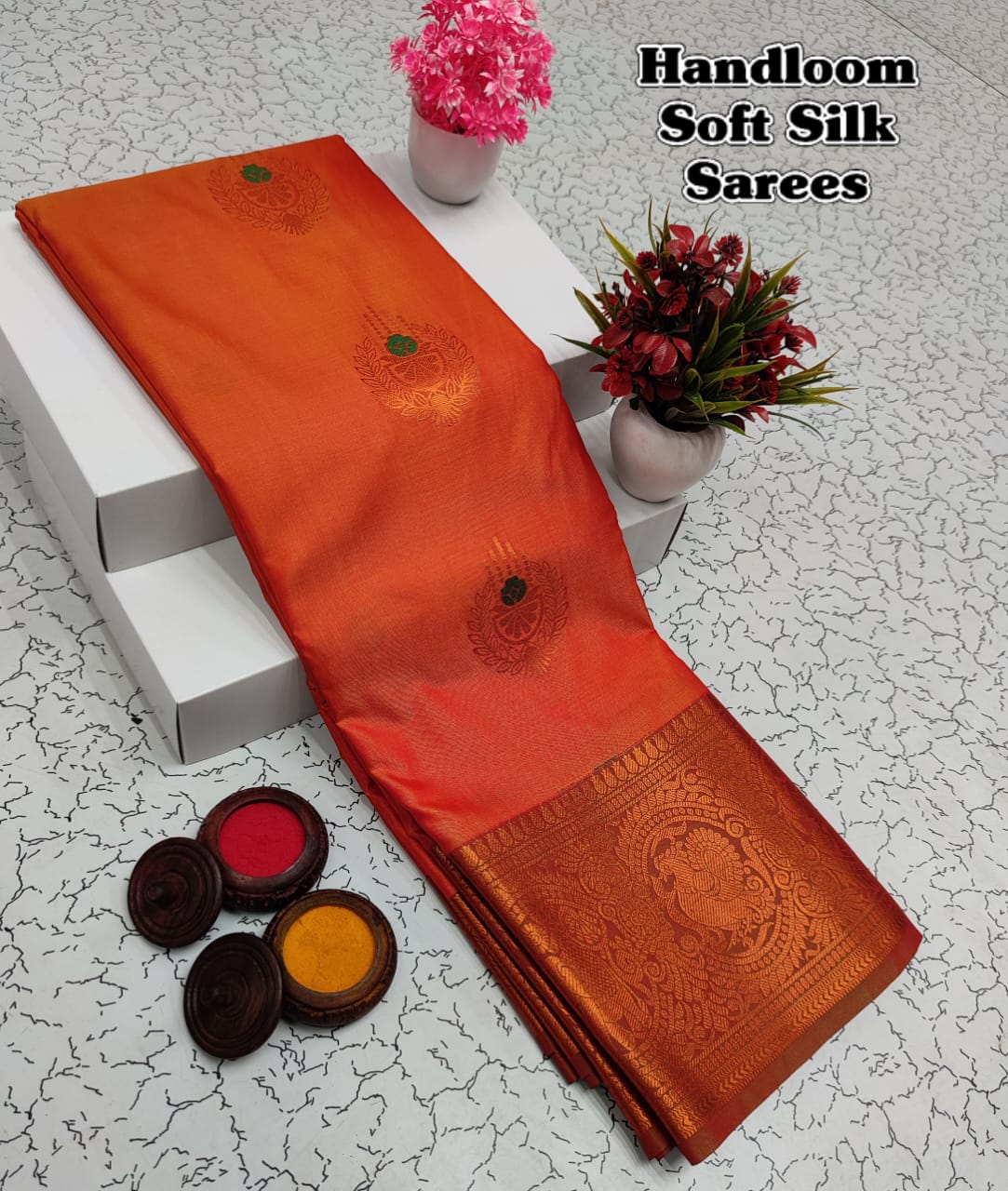 Shop premium Kanchipuram Handloom Soft Silk Saree with copper zari border, rich meena pallu & contrast blouse. Elegant saree for weddings & festivals.
