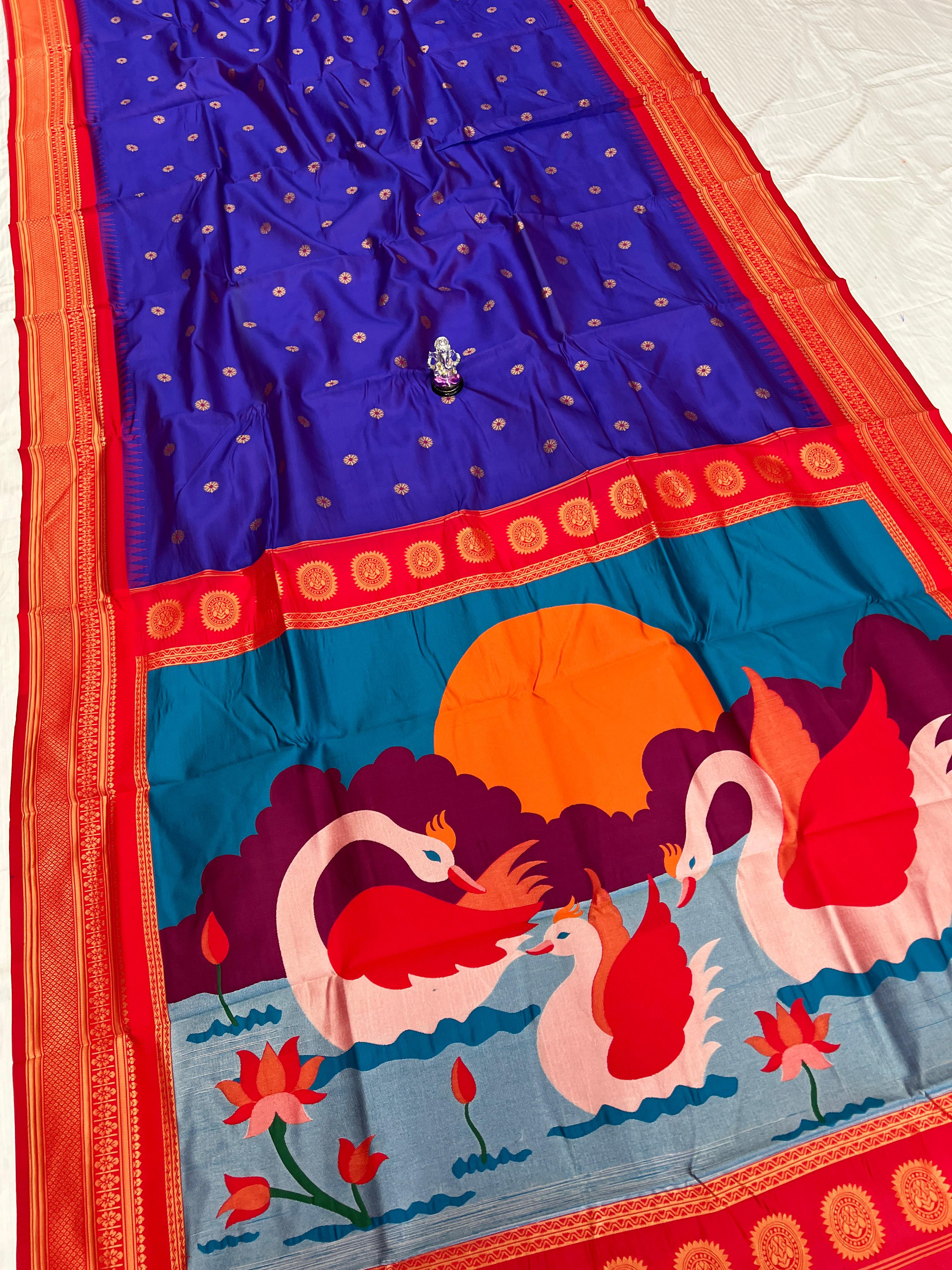 Buy Kadiyal Silk Paithani Saree with Meena Butti &amp; Fancy Pallu.&nbsp;Shop Aarya Fancy Pallu Kadiyal Silk Paithani Saree in premium soft silk with Meena butti and contrast blouse. Perfect for festive &amp; wedding wear.