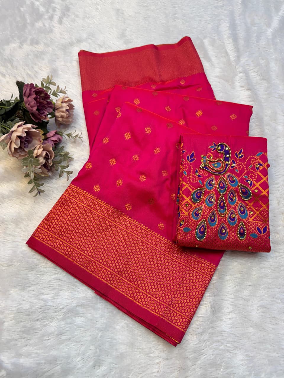 Shop New Sonali Kalanjali Paithani Saree in premium soft silk with rich buttis, peacock Maharani pallu and Aariwork Swarovski blouse. Perfect for festivals and weddings.