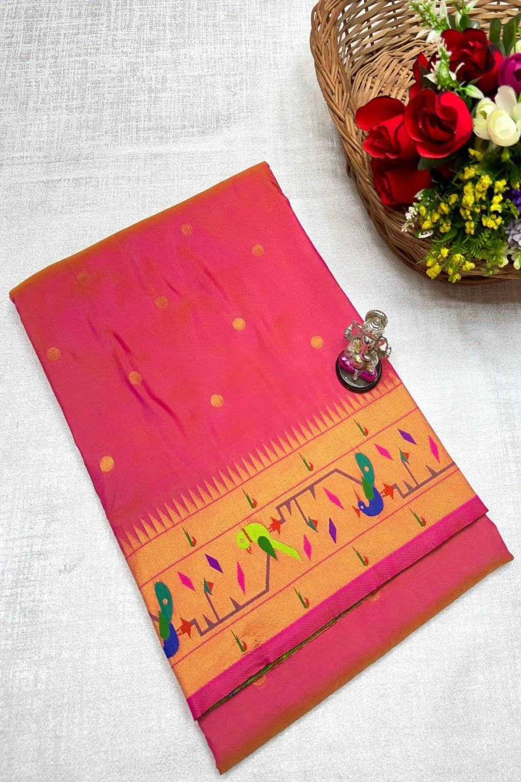 Shop premium Katan Silk Semi Mor & Popat Brocade Paithani Saree with traditional peacock and parrot pallu design and all-over zari butti. Perfect for weddings & festive wear.