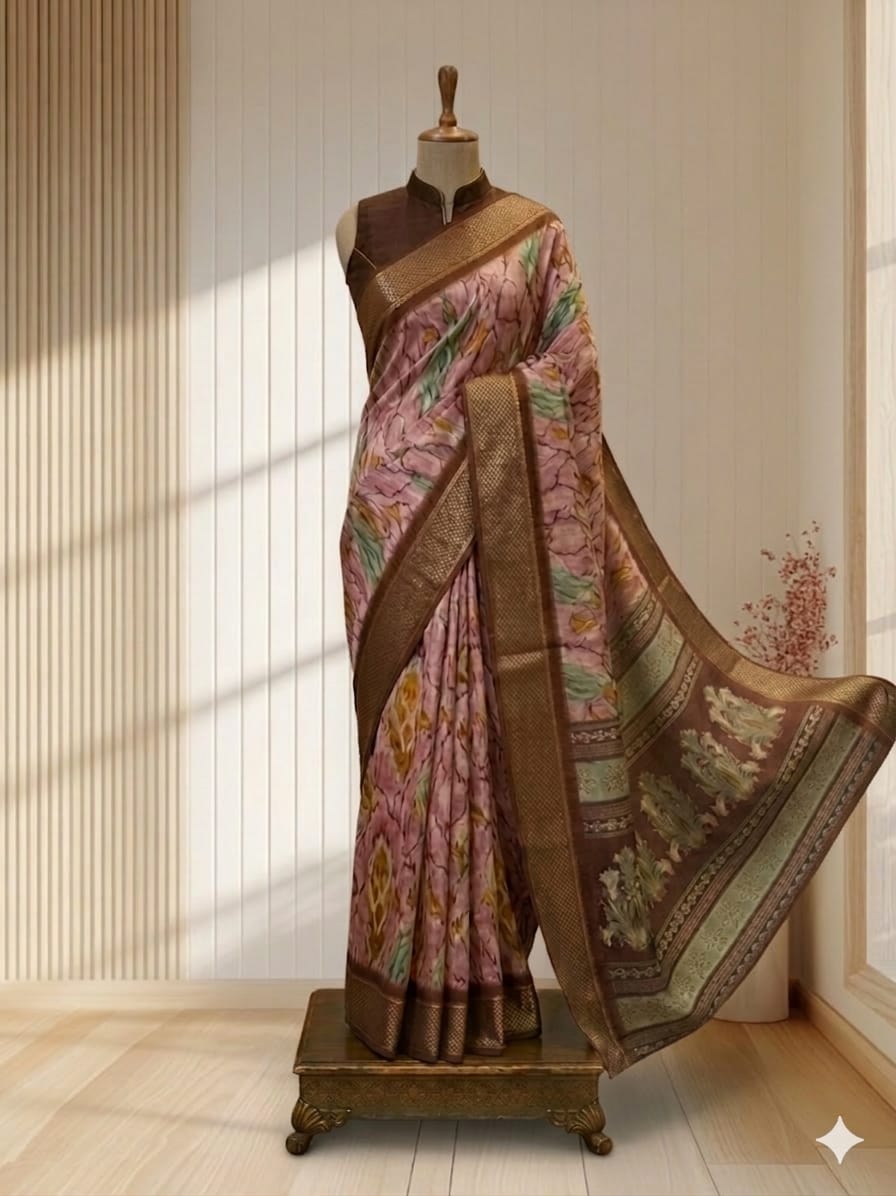 Buy Dola Fancy Self Border Saree in Soft Silk with Digital Border WorK. Shop 1st quality Dola fancy saree in soft silk with digital border work and blouse piece. Affordable ethnic wear at best price.