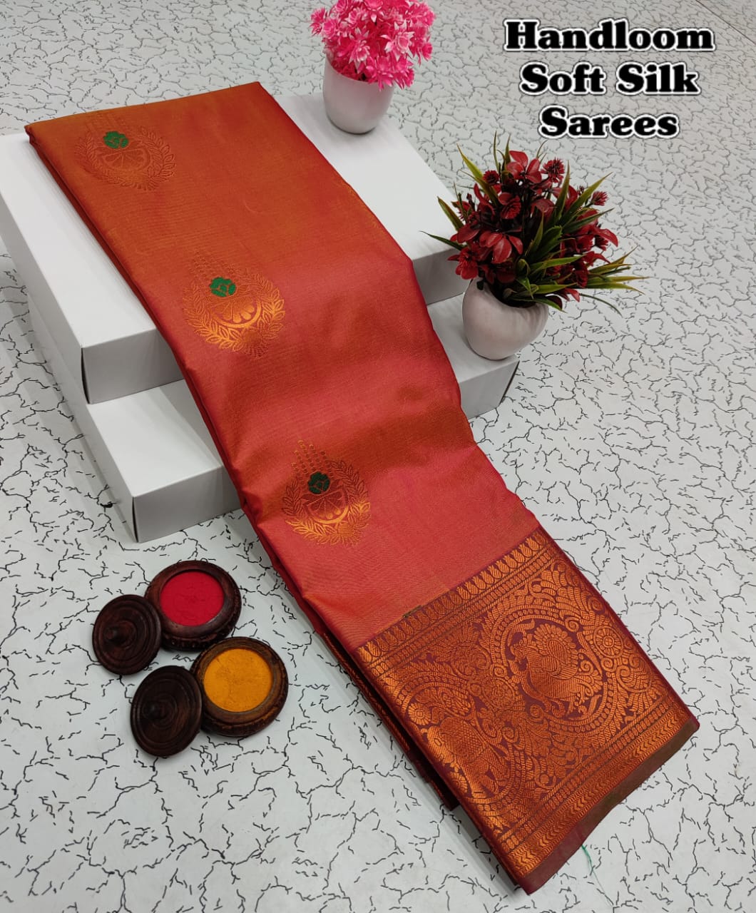 Shop premium Kanchipuram Handloom Soft Silk Saree with copper zari border, rich meena pallu & contrast blouse. Elegant saree for weddings & festivals.