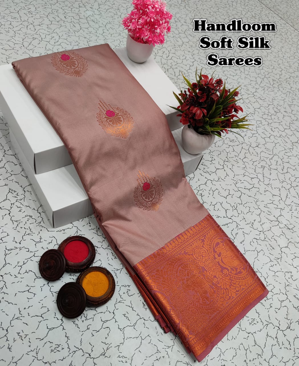 Shop premium Kanchipuram Handloom Soft Silk Saree with copper zari border, rich meena pallu & contrast blouse. Elegant saree for weddings & festivals.
