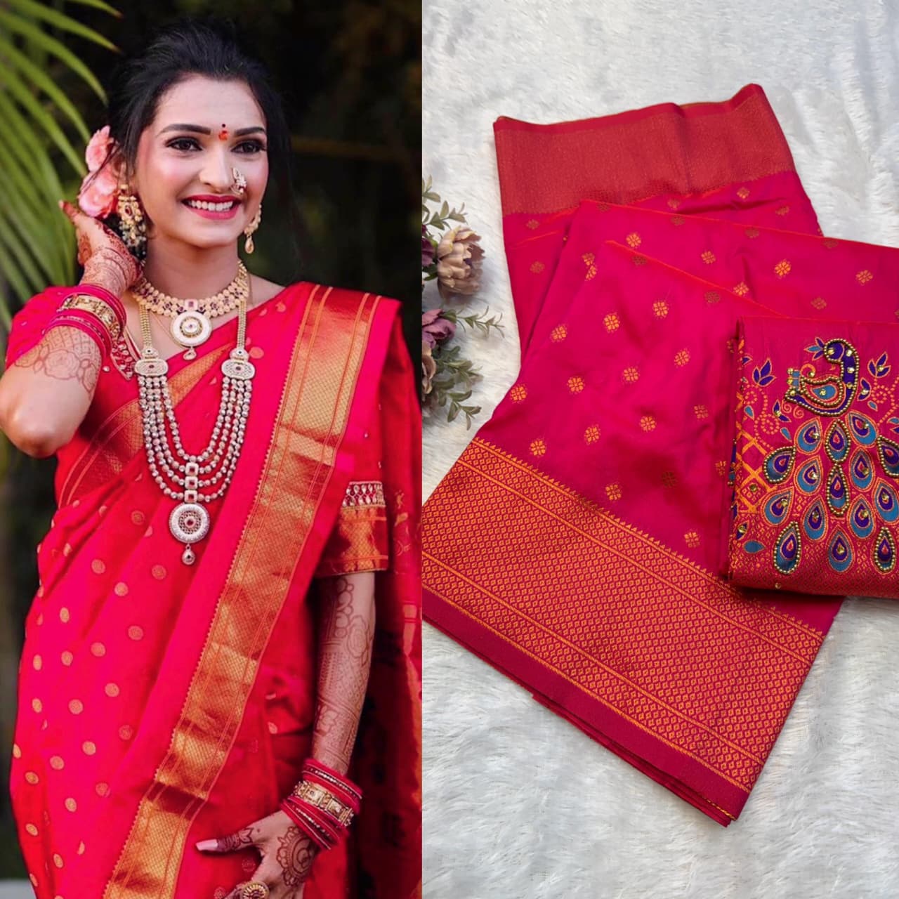 Shop New Sonali Kalanjali Paithani Saree in premium soft silk with rich buttis, peacock Maharani pallu and Aariwork Swarovski blouse. Perfect for festivals and weddings.