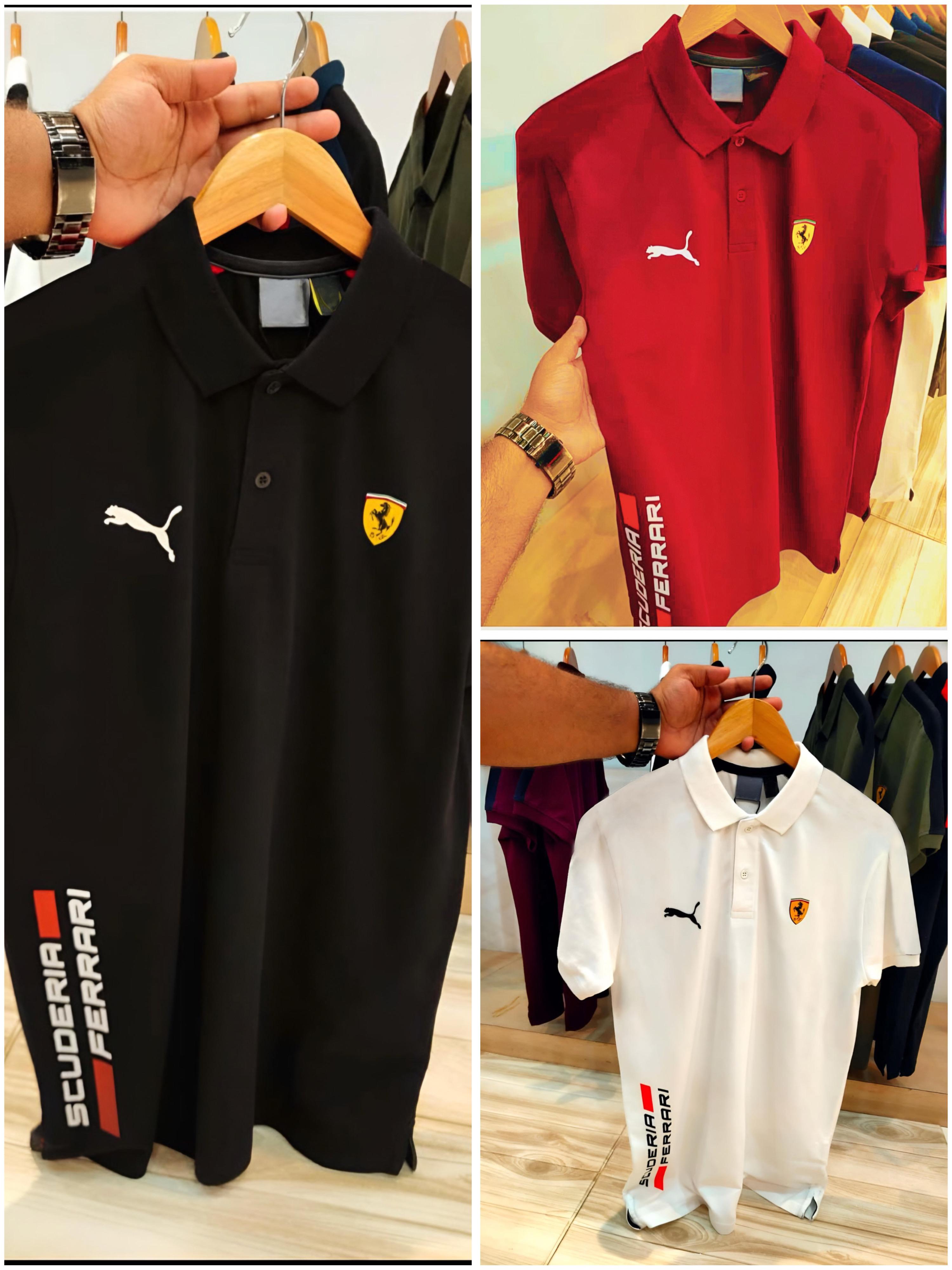 Experience sporty elegance with the Puma Ferrari Premium Matty Cotton Collar T-Shirt for Men. Crafted from 100% SAPP Matty Cotton, this tee combines comfort, durability, and iconic style. Featuring a structured collar, sleek finish, and official Puma x Ferrari branding, it’s designed to give you that effortlessly smart look – whether you're heading out or dressing casual. Choose from 4 bold colors and make every outing a style statement.