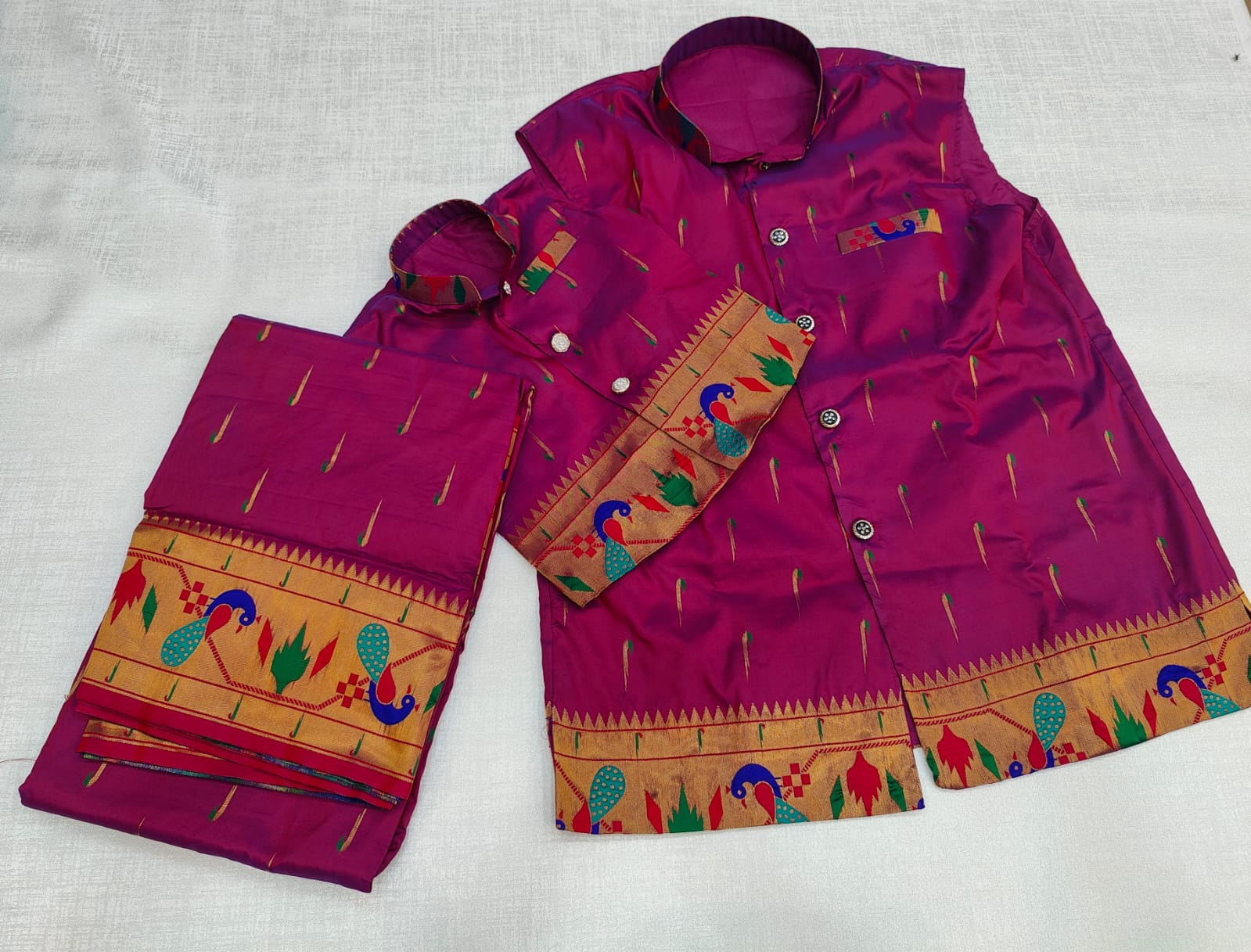 Anvikaa Brocade Paithani Saree-Blouse & Men-Jacket Pair – Premium Traditional Wear.