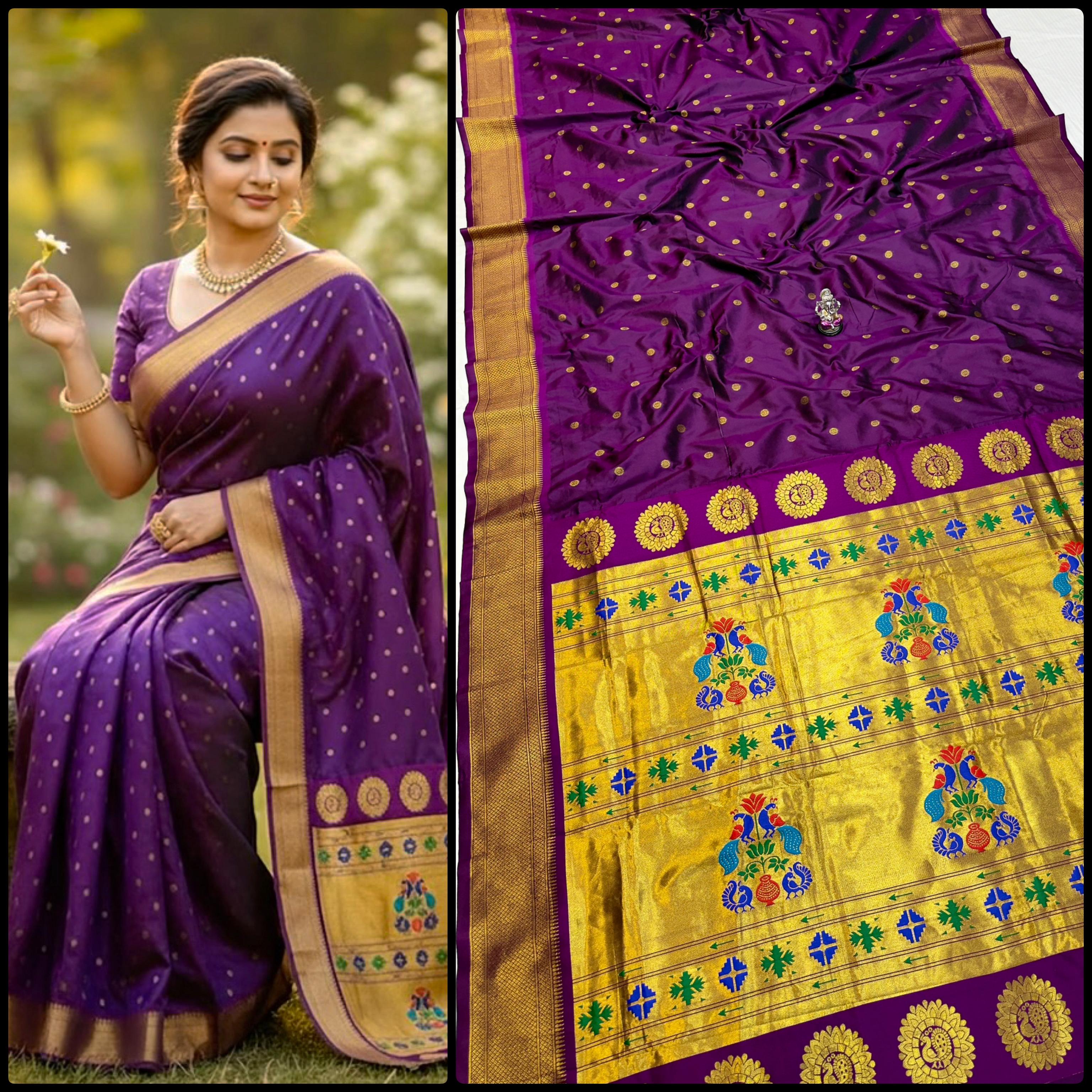 Shop Shloka Kalanjali Paithani Saree in Katan Silk with all-over zari butti, dual side border, and blouse piece. Perfect for weddings & festive wear.