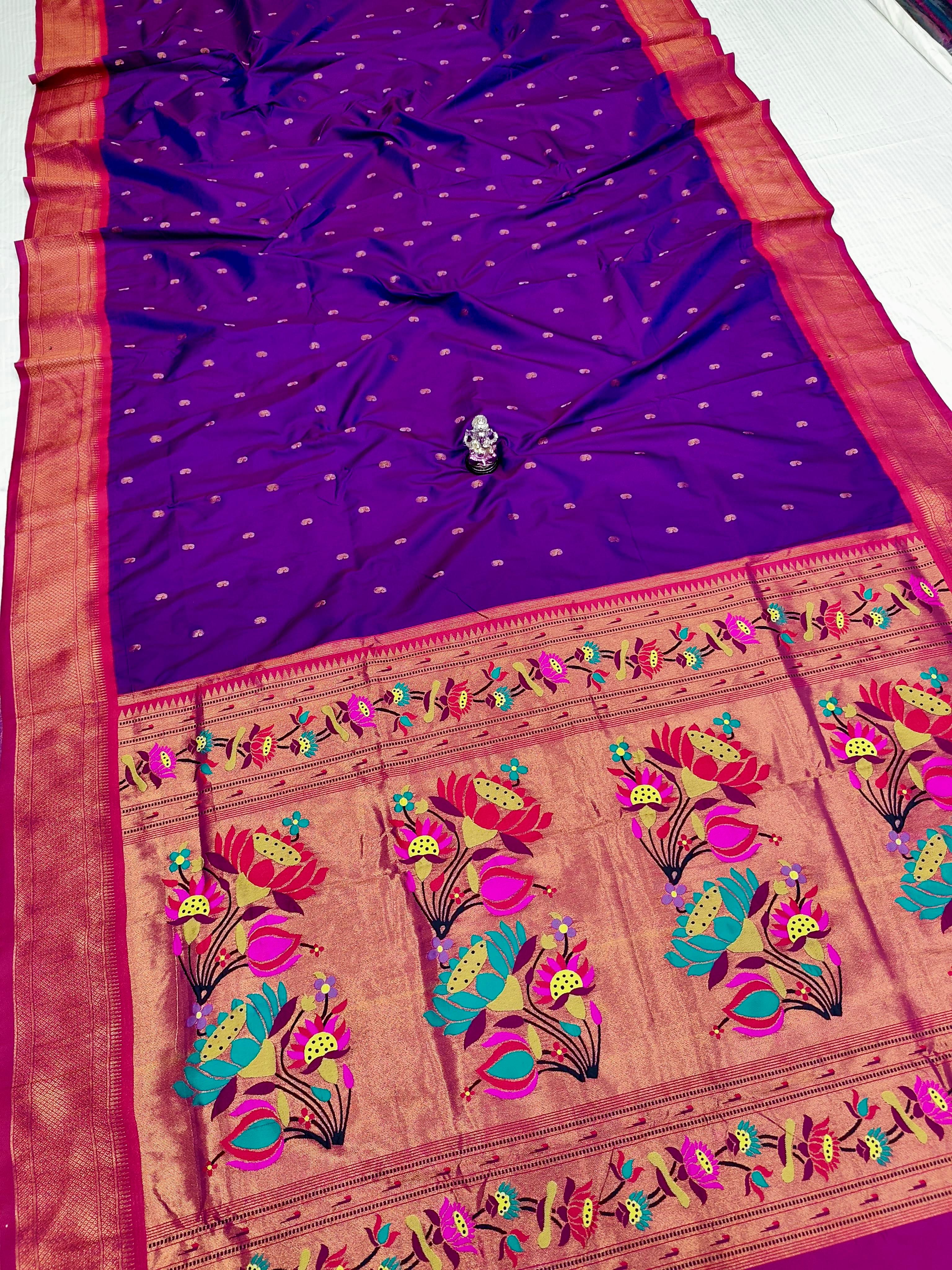 Premium Shrija Kadiyal Paithani Silk Saree with all-over zari buttis, exclusive contrast blouse, and rich double borders — perfect for weddings, festivals & special occasions.