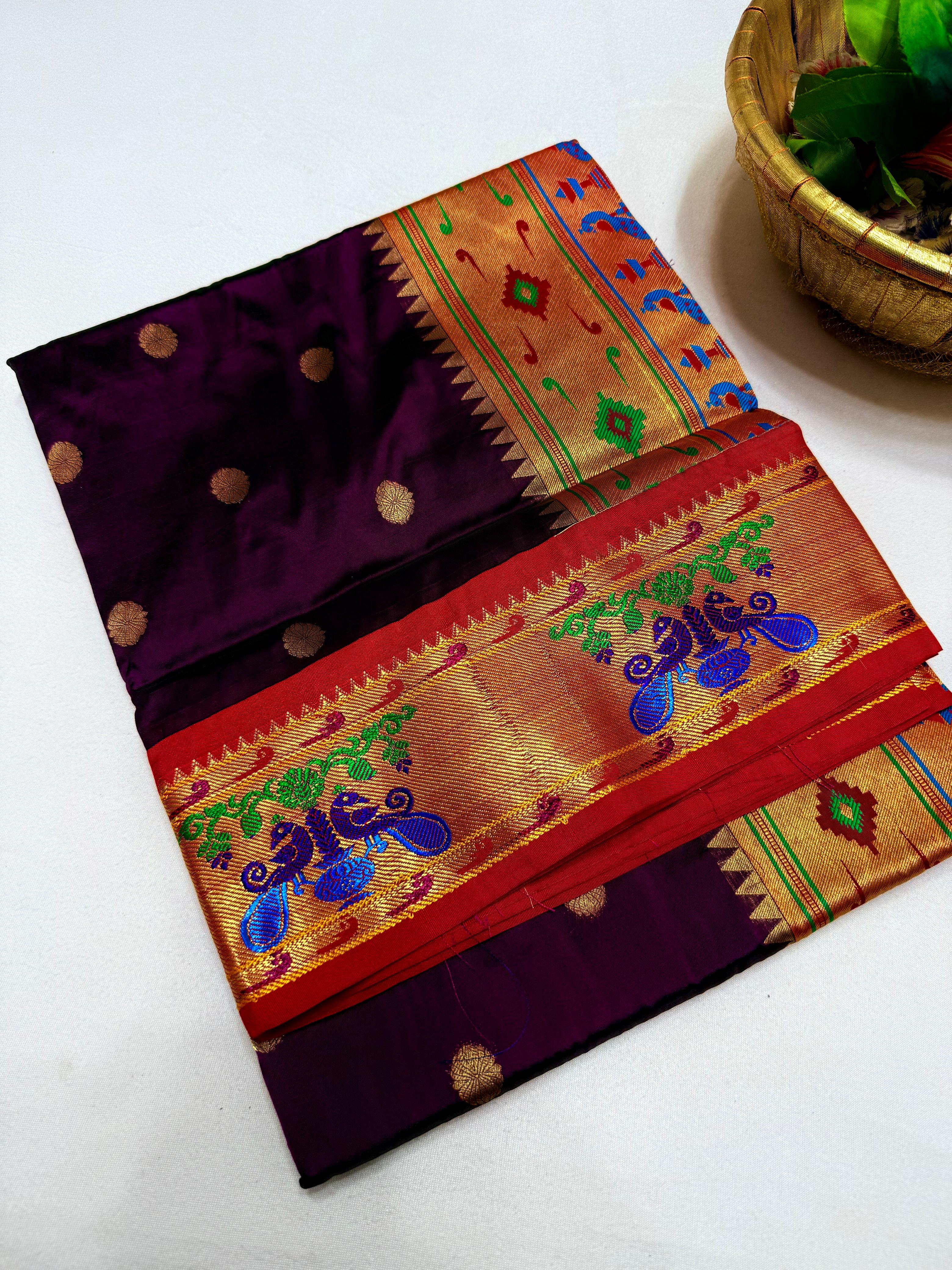 Shrutika Gap Border Paithani Saree in Pure Tana Soft Silk with All Over Buttis & Meena Colour Pallu