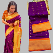 Load image into Gallery viewer, Traditional Kadiyal Paithani Saree, &nbsp;Pallu Meena Butti with Contrast Running Blouse.

Details:

Fabircs: Premium Soft and Shiny Silk
Size: Free Size
Colors: Royal Blue, Green, OffWhite, Maroon, Black, Pruple, Yellow
Pallu: Traditional Pallu
Blouse: Running Contrast Blouse
Occassion: Wedding, Birthday , Festivals, Functions, Gift to beloved one.

Note: Tessels (Gonda) is Not Available for these Sarees due to proper fininshing&nbsp;