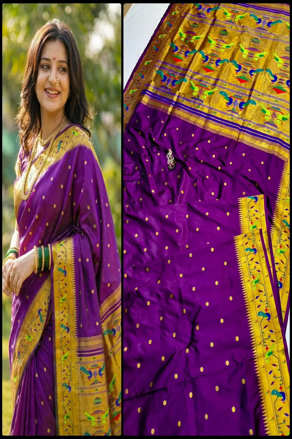 Shop premium Katan Silk Semi Mor & Popat Brocade Paithani Saree with traditional peacock and parrot pallu design and all-over zari butti. Perfect for weddings & festive wear.