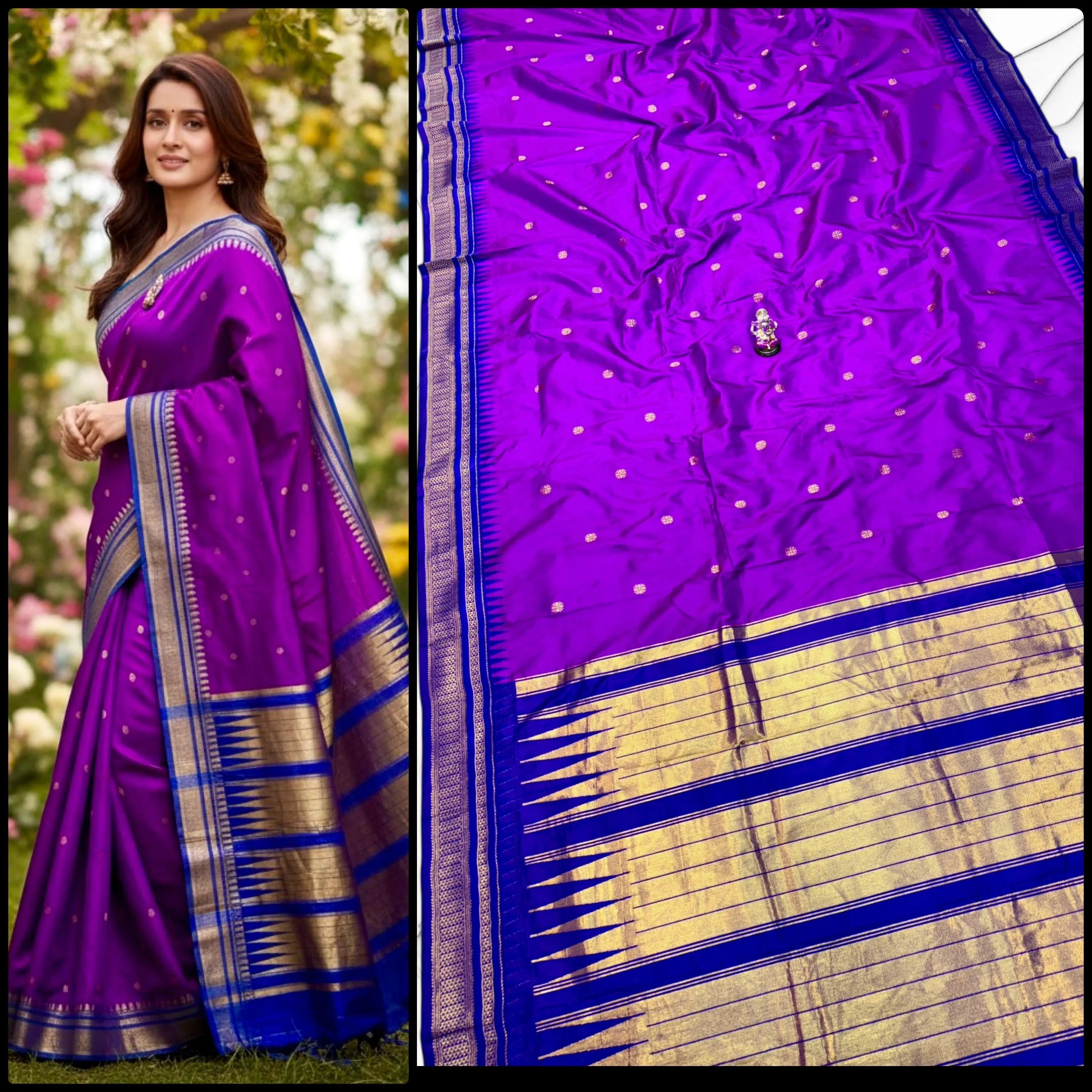 Buy Half Silk Irkal Paithani Saree online with premium Katan silk feel, all-over zari butti design, and contrast zari blouse. Perfect for weddings, festive wear, and traditional occasions at the best price.